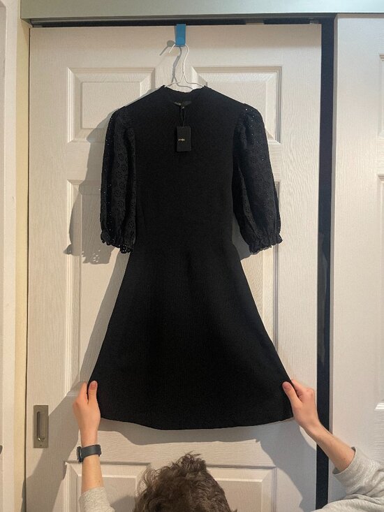 Maje Dresses & Skirts - Maje, NEW, Black Knit Dress – Eyelet Puff Sleeve, Parisian Chic, Size 36 (S)